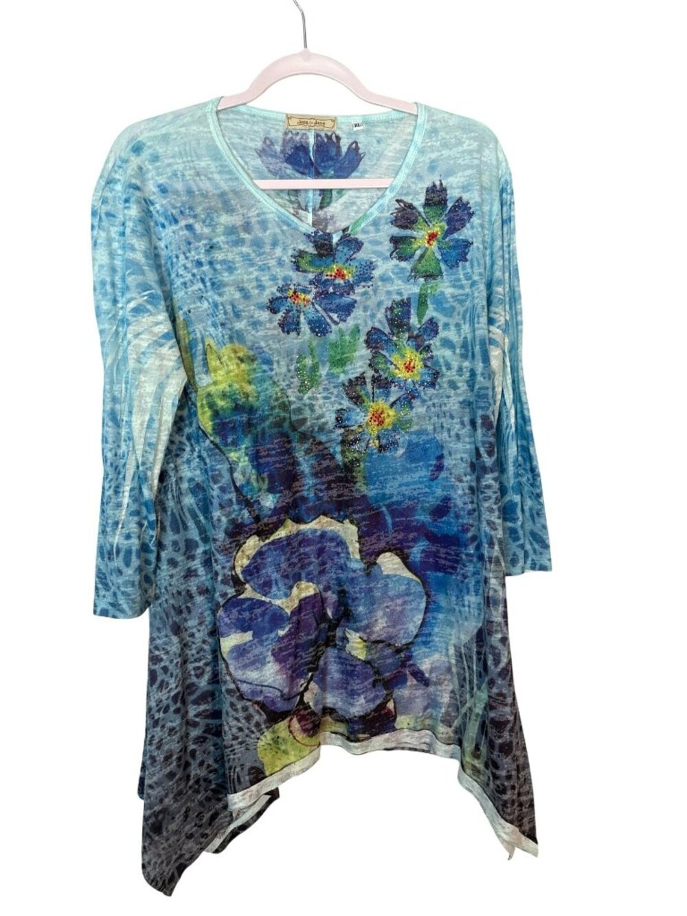 Jess & Jane Blue Floral Burnout Tunic Top With Rhinestone Embellishments XL